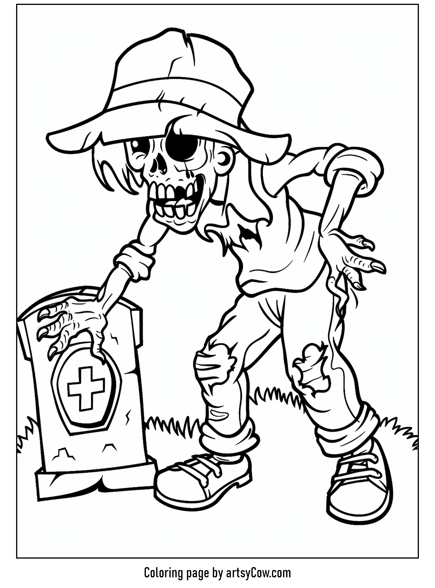 a quirky zombie leaning on a tombstone